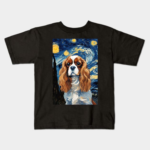 Adorable Cavalier King Charles Spaniel Dog Breed Painting in a Van Gogh Starry Night Kids T-Shirt by Art-Jiyuu